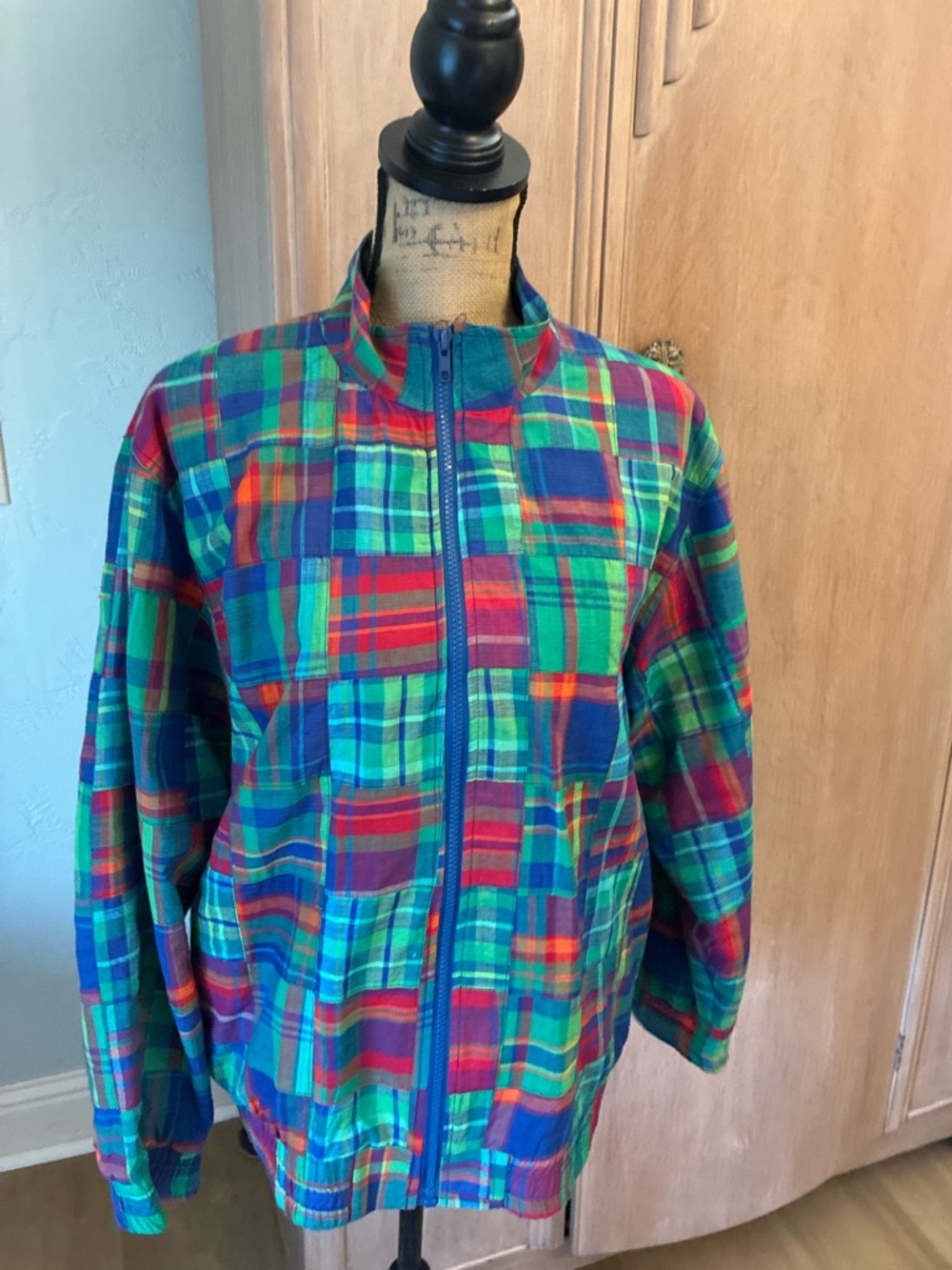 David Brooks Bomber windbreaker  M Madras Patchwork Plaid Vintage‎ 90s Boyfriend